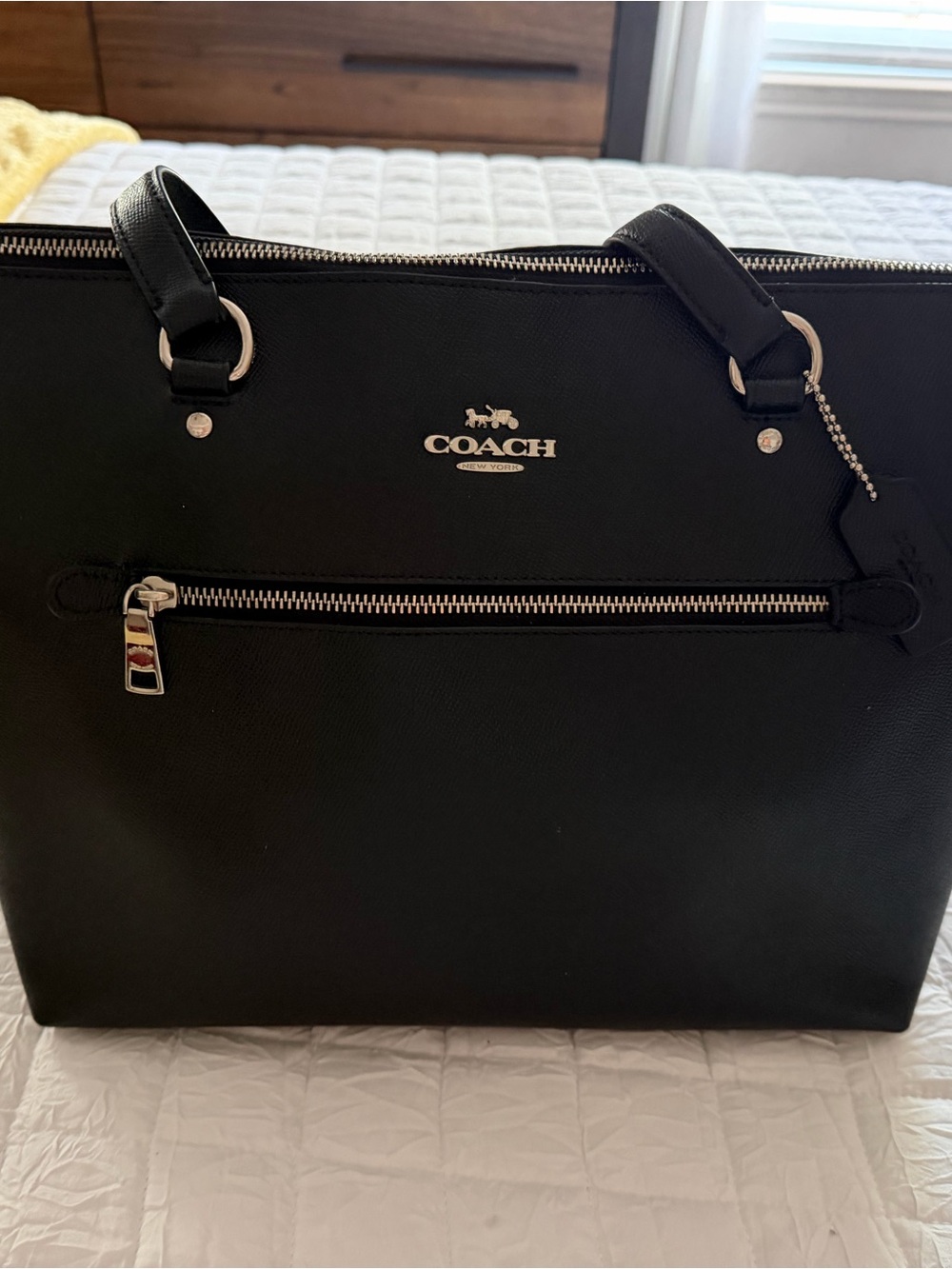COACH Black Leather Tote with Front Zip Pocket